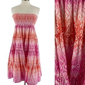 Ralph Lauren Pink Orange Ikat Abstract Print Tiered Strapless Midi Dress Medium